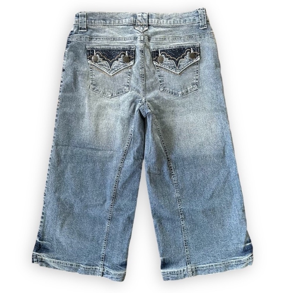 90s Y2K SO Spider Web Embroidered Acid Wash Distressed Wide Leg Flare Capris